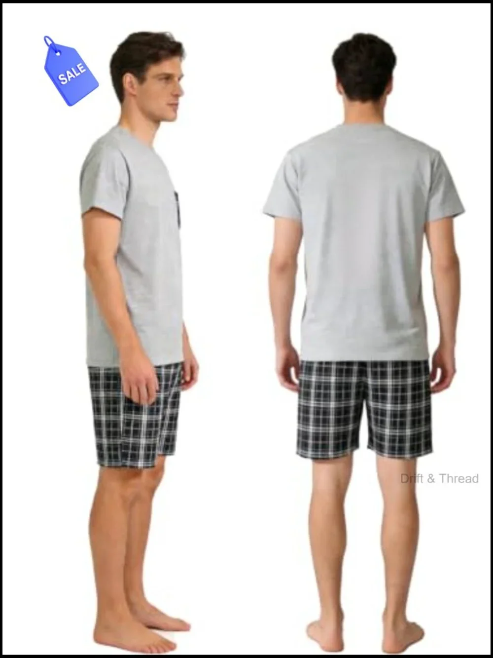 Men's Pajama Set Short Sleeve Plaid PJ Bottoms 2-Piece Loungewear